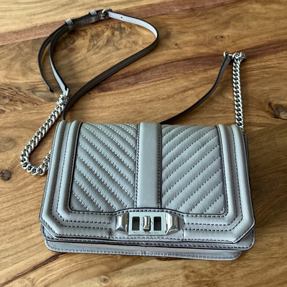 Rebecca Minkoff Chevron Quilted Small Love Crossbody in color Taupe